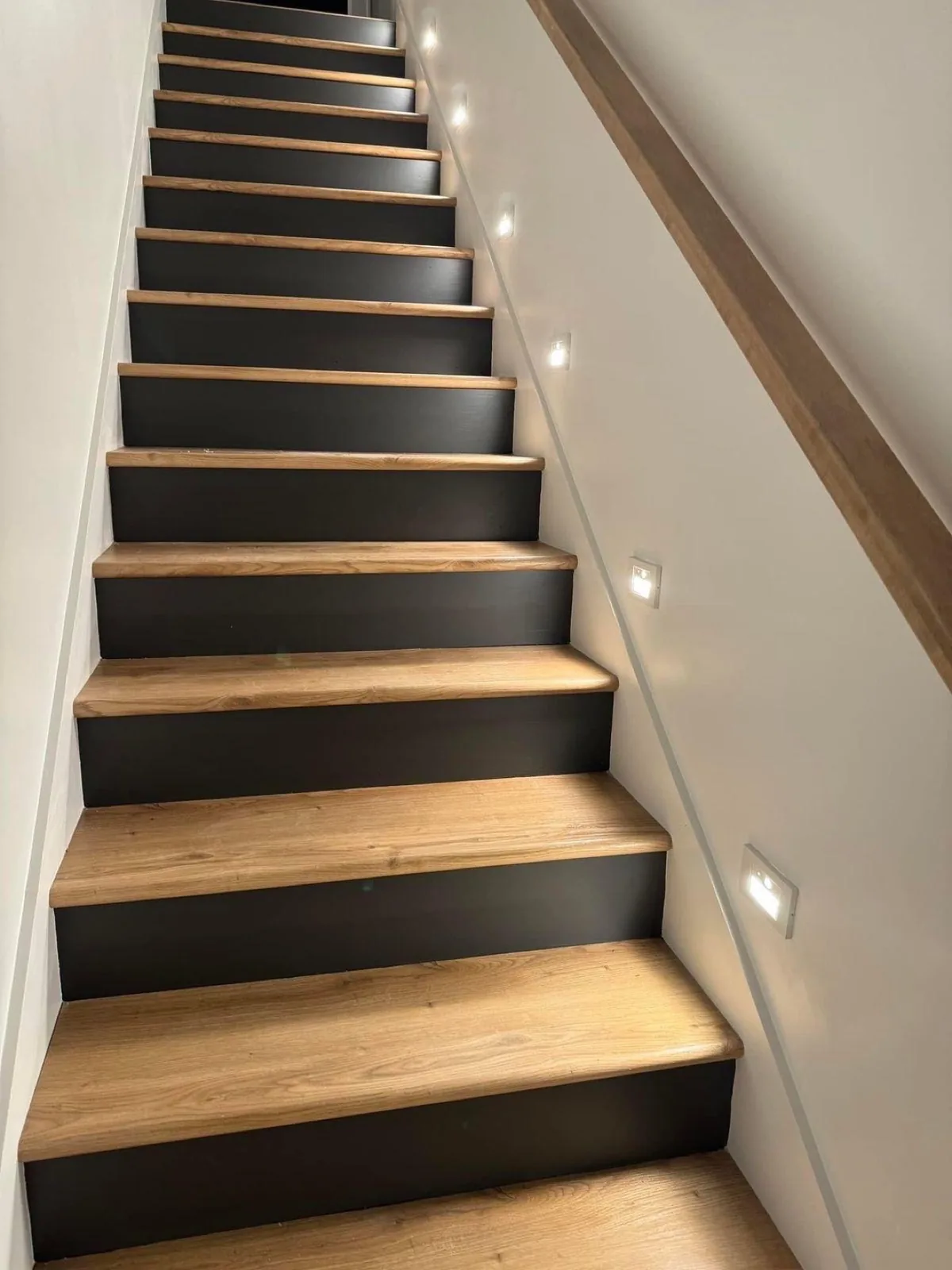 Wood stair treads with black risers and step lighting installed by Braga Remodeling in Jacksonville, FL